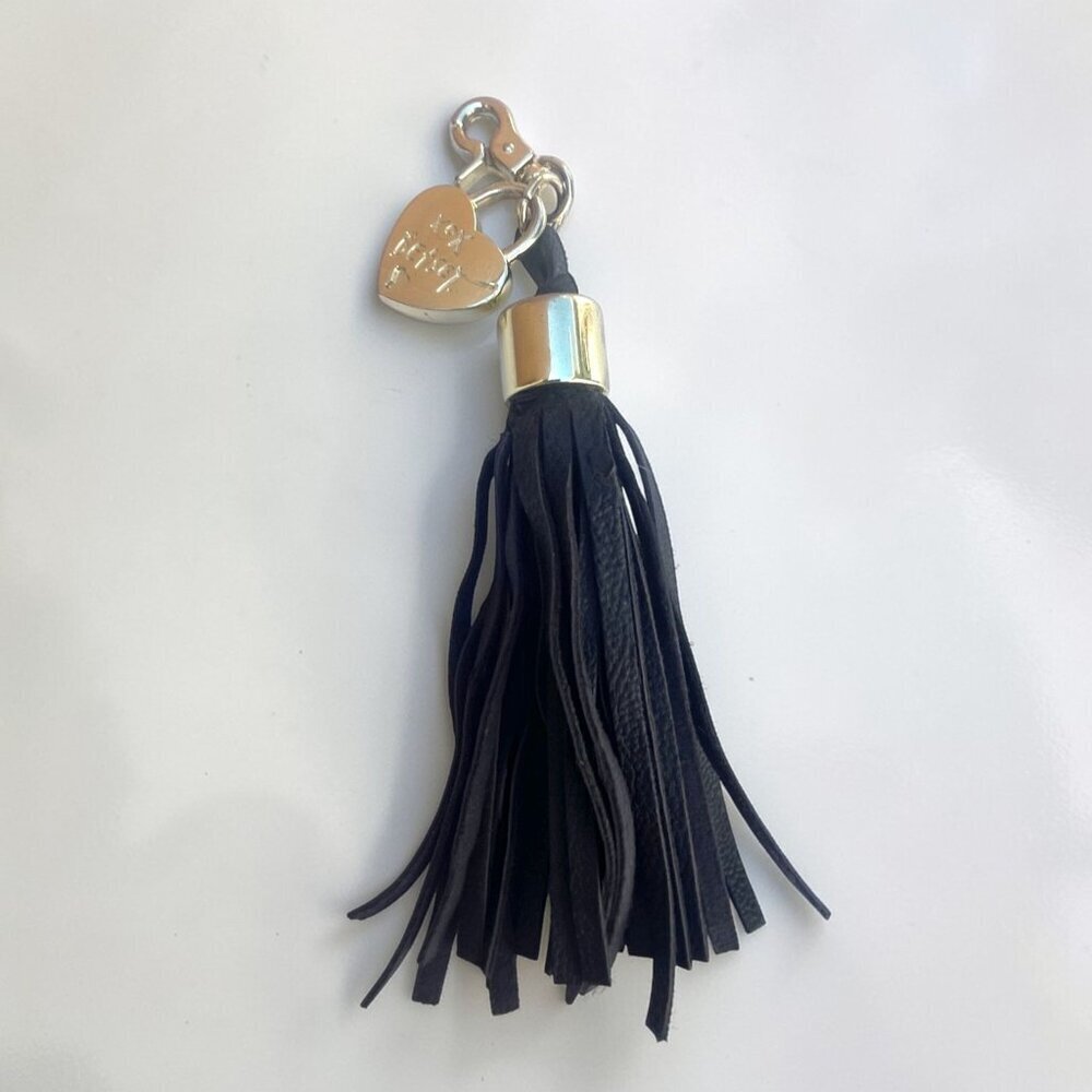 Betsey Johnson Black Faux Leather Tassel Bag Charm With Gold Heart & Clip Hook